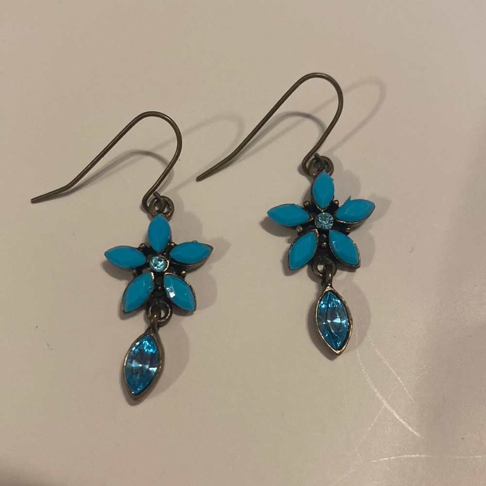 Bronze and blue floral dangle earrings